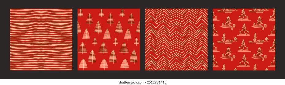 Set of New Year, Christmas patterns with fir trees. Scandinavian Norwegian simple winter print. Minimalistic graphic illustration. Striped herringbone pattern with snowflakes, snowballs.