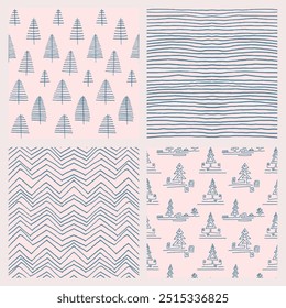 Conjunto de Ano Novo, padrões de Natal com abetos. Escandinavo norueguês simples inverno impressão. Ilustração gráfica minimalista. Padrão de espinha de peixe listrada com flocos de neve, bolas de neve.