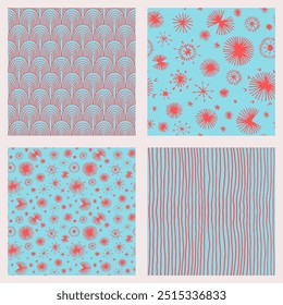 Set of New Year, Christmas patterns with fir trees. Scandinavian Norwegian simple winter print. Minimalistic graphic illustration. Striped herringbone pattern with snowflakes, snowballs.