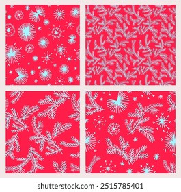 Conjunto de Año Nuevo, patrones de Navidades con abetos. Estampado de invierno noruego escandinavo simple. Ilustración gráfica minimalista. Patrón de espiga rayada con copos de nieve, bolas de nieve.