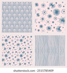 Conjunto de Año Nuevo, patrones de Navidades con abetos. Estampado de invierno noruego escandinavo simple. Ilustración gráfica minimalista. Patrón de espiga rayada con copos de nieve, bolas de nieve.