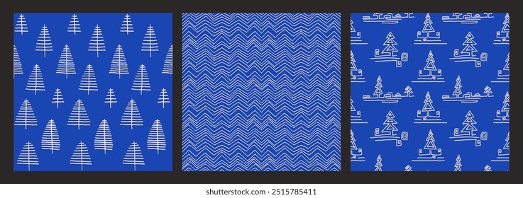 Set of New Year, Christmas patterns with fir trees. Scandinavian Norwegian simple winter print. Minimalistic graphic illustration. Striped herringbone pattern with snowflakes, snowballs.