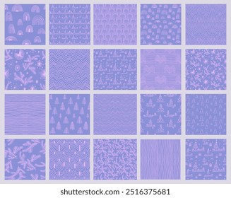 Set of New Year, Christmas patterns with fir trees. Scandinavian Norwegian simple winter print. Minimalistic graphic illustration. Striped herringbone pattern with snowflakes, snowballs.