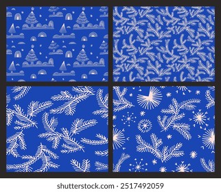 Neujahrssatz, Weihnachtsmuster mit Tannenbäumen. Skandinavisch Norwegisch einfacher Winterdruck. Minimalistische grafische Darstellung. Gestreiftes Fischgrätenmuster mit Schneeflocken, Schneebällen.