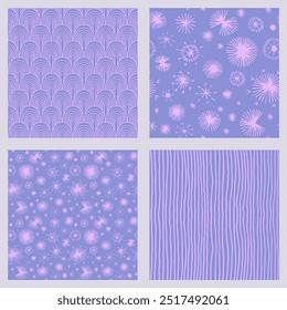 Set of New Year, Christmas patterns with fir trees. Scandinavian Norwegian simple winter print. Minimalistic graphic illustration. Striped herringbone pattern with snowflakes, snowballs.