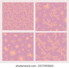 Set of New Year, Christmas patterns with fir trees. Scandinavian Norwegian simple winter print. Minimalistic graphic illustration. Striped herringbone pattern with snowflakes, snowballs.