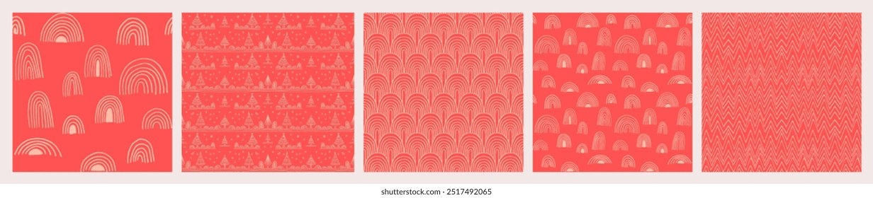 Set of New Year, Christmas patterns with fir trees. Scandinavian Norwegian simple winter print. Minimalistic graphic illustration. Striped herringbone pattern with snowflakes, snowballs.