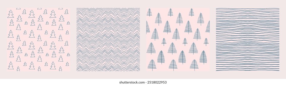 Set of New Year, Christmas patterns with fir trees. Scandinavian Norwegian simple winter print. Minimalistic graphic illustration. Striped herringbone pattern with snowflakes, snowballs.
