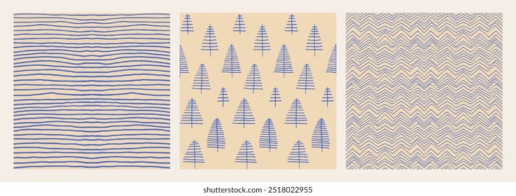 Conjunto de Año Nuevo, patrones de Navidades con abetos. Estampado de invierno noruego escandinavo simple. Ilustración gráfica minimalista. Patrón de espiga rayada con copos de nieve, bolas de nieve.