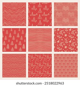 Set of New Year, Christmas patterns with fir trees. Scandinavian Norwegian simple winter print. Minimalistic graphic illustration. Striped herringbone pattern with snowflakes, snowballs.