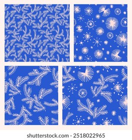 Conjunto de Año Nuevo, patrones de Navidades con abetos. Estampado de invierno noruego escandinavo simple. Ilustración gráfica minimalista. Patrón de espiga rayada con copos de nieve, bolas de nieve.