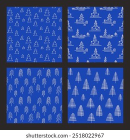 Set of New Year, Christmas patterns with fir trees. Scandinavian Norwegian simple winter print. Minimalistic graphic illustration. Striped herringbone pattern with snowflakes, snowballs.
