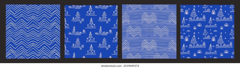 Set of New Year, Christmas patterns with fir trees. Scandinavian Norwegian simple winter print. Minimalistic graphic illustration. Striped herringbone pattern with snowflakes, snowballs.