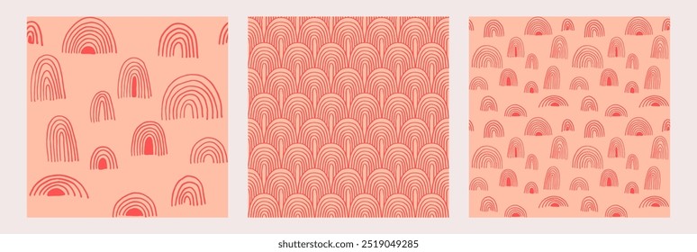 Set of New Year, Christmas patterns with fir trees. Scandinavian Norwegian simple winter print. Minimalistic graphic illustration. Striped herringbone pattern with snowflakes, snowballs.