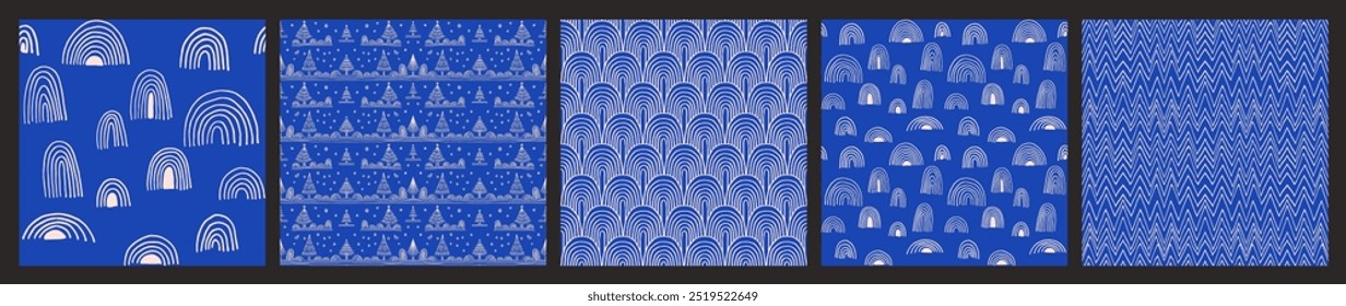 Conjunto de Año Nuevo, patrones de Navidades con abetos. Estampado de invierno noruego escandinavo simple. Ilustración gráfica minimalista. Patrón de espiga rayada con copos de nieve, bolas de nieve.