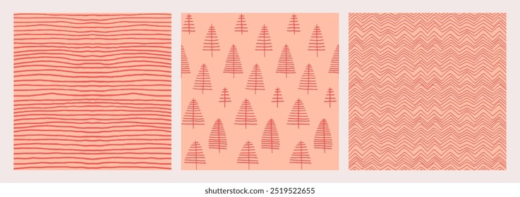 Conjunto de Ano Novo, padrões de Natal com abetos. Escandinavo norueguês simples inverno impressão. Ilustração gráfica minimalista. Padrão de espinha de peixe listrada com flocos de neve, bolas de neve.