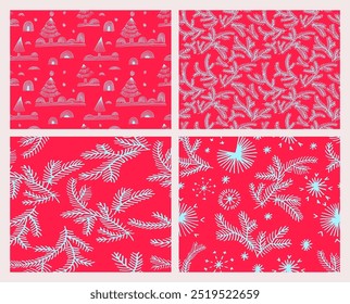 Set of New Year, Christmas patterns with fir trees. Scandinavian Norwegian simple winter print. Minimalistic graphic illustration. Striped herringbone pattern with snowflakes, snowballs.