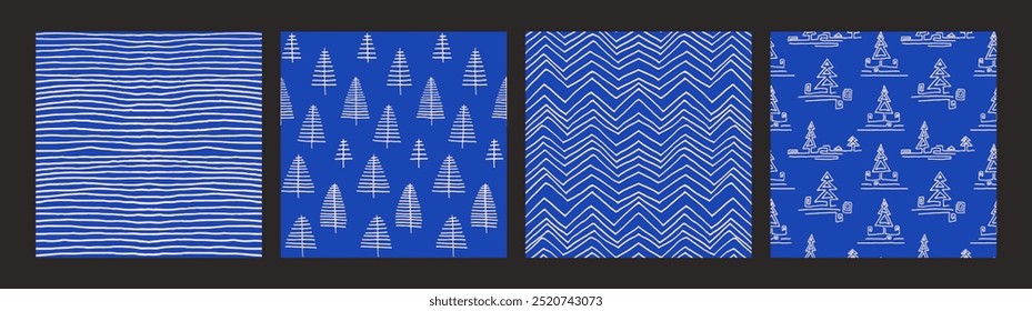 Conjunto de Año Nuevo, patrones de Navidades con abetos. Estampado de invierno noruego escandinavo simple. Ilustración gráfica minimalista. Patrón de espiga rayada con copos de nieve, bolas de nieve.