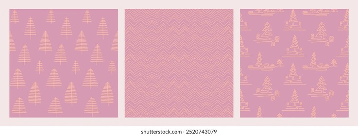 Set of New Year, Christmas patterns with fir trees. Scandinavian Norwegian simple winter print. Minimalistic graphic illustration. Striped herringbone pattern with snowflakes, snowballs.