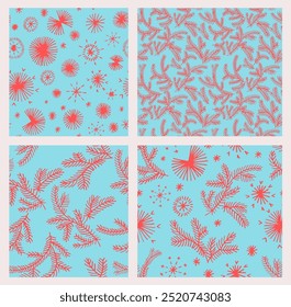 Set of New Year, Christmas patterns with fir trees. Scandinavian Norwegian simple winter print. Minimalistic graphic illustration. Striped herringbone pattern with snowflakes, snowballs.