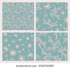 Set of New Year, Christmas patterns with fir trees. Scandinavian Norwegian simple winter print. Minimalistic graphic illustration. Striped herringbone pattern with snowflakes, snowballs.