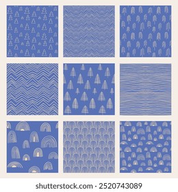 Conjunto de Año Nuevo, patrones de Navidades con abetos. Estampado de invierno noruego escandinavo simple. Ilustración gráfica minimalista. Patrón de espiga rayada con copos de nieve, bolas de nieve.