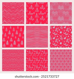 Set of New Year, Christmas patterns with fir trees. Scandinavian Norwegian simple winter print. Minimalistic graphic illustration. Striped herringbone pattern with snowflakes, snowballs.