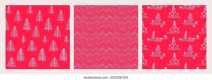 Set of New Year, Christmas patterns with fir trees. Scandinavian Norwegian simple winter print. Minimalistic graphic illustration. Striped herringbone pattern with snowflakes, snowballs.