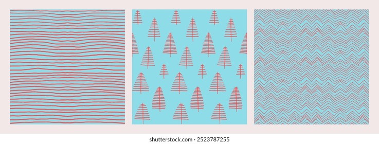 Set of New Year, Christmas patterns with fir trees. Scandinavian Norwegian simple winter print. Minimalistic graphic illustration. Striped herringbone pattern with snowflakes, snowballs.