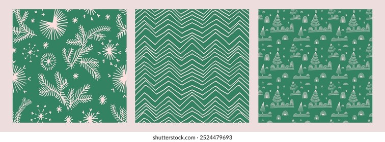 Set of New Year, Christmas patterns with fir trees. Scandinavian Norwegian simple winter print. Minimalistic graphic illustration. Striped herringbone pattern with snowflakes, snowballs.