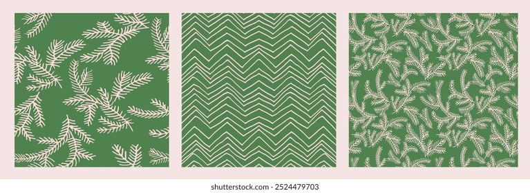 Set of New Year, Christmas patterns with fir trees. Scandinavian Norwegian simple winter print. Minimalistic graphic illustration. Striped herringbone pattern with snowflakes, snowballs.