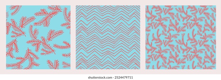 Set of New Year, Christmas patterns with fir trees. Scandinavian Norwegian simple winter print. Minimalistic graphic illustration. Striped herringbone pattern with snowflakes, snowballs.