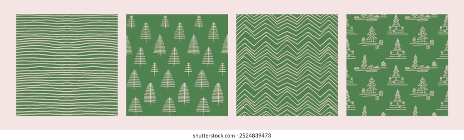 Set of New Year, Christmas patterns with fir trees. Scandinavian Norwegian simple winter print. Minimalistic graphic illustration. Striped herringbone pattern with snowflakes, snowballs.