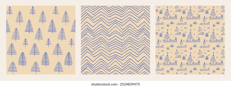 Set of New Year, Christmas patterns with fir trees. Scandinavian Norwegian simple winter print. Minimalistic graphic illustration. Striped herringbone pattern with snowflakes, snowballs.