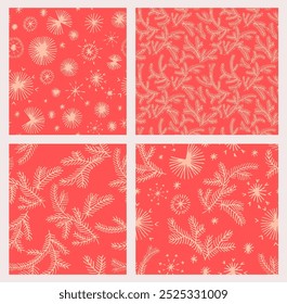 Conjunto de Ano Novo, padrões de Natal com abetos. Escandinavo norueguês simples inverno impressão. Ilustração gráfica minimalista. Padrão de espinha de peixe listrada com flocos de neve, bolas de neve.