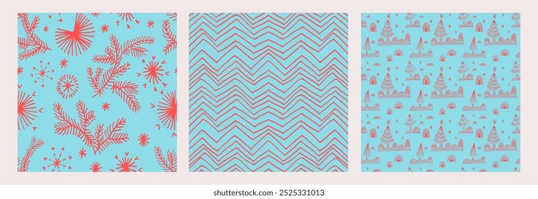 Conjunto de Año Nuevo, patrones de Navidades con abetos. Estampado de invierno noruego escandinavo simple. Ilustración gráfica minimalista. Patrón de espiga rayada con copos de nieve, bolas de nieve.