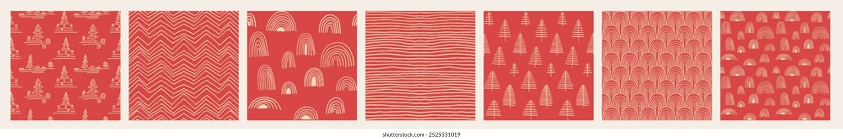 Conjunto de Ano Novo, padrões de Natal com abetos. Escandinavo norueguês simples inverno impressão. Ilustração gráfica minimalista. Padrão de espinha de peixe listrada com flocos de neve, bolas de neve.