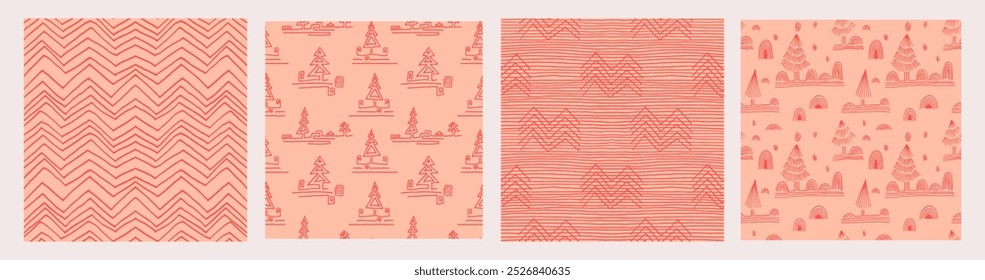 Set of New Year, Christmas patterns with fir trees. Scandinavian Norwegian simple winter print. Minimalistic graphic illustration. Striped herringbone pattern with snowflakes, snowballs.