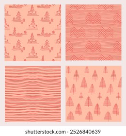 Set of New Year, Christmas patterns with fir trees. Scandinavian Norwegian simple winter print. Minimalistic graphic illustration. Striped herringbone pattern with snowflakes, snowballs.