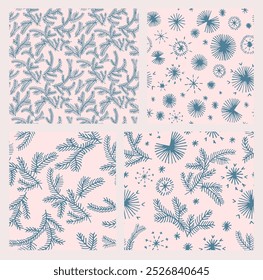 Conjunto de Año Nuevo, patrones de Navidades con abetos. Estampado de invierno noruego escandinavo simple. Ilustración gráfica minimalista. Patrón de espiga rayada con copos de nieve, bolas de nieve.