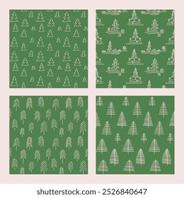 Set of New Year, Christmas patterns with fir trees. Scandinavian Norwegian simple winter print. Minimalistic graphic illustration. Striped herringbone pattern with snowflakes, snowballs.