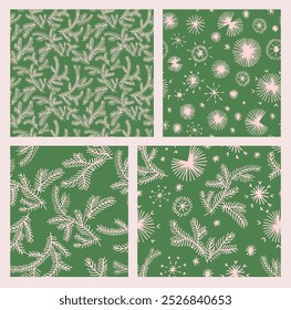 Set of New Year, Christmas patterns with fir trees. Scandinavian Norwegian simple winter print. Minimalistic graphic illustration. Striped herringbone pattern with snowflakes, snowballs.