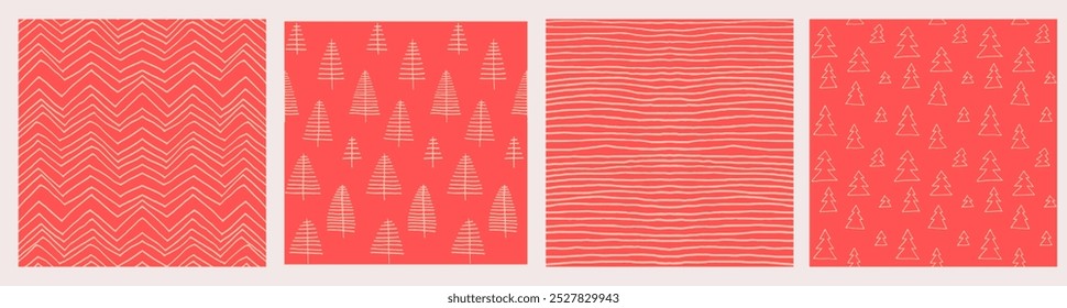 Set of New Year, Christmas patterns with fir trees. Scandinavian Norwegian simple winter print. Minimalistic graphic illustration. Striped herringbone pattern with snowflakes, snowballs.