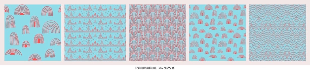 Set of New Year, Christmas patterns with fir trees. Scandinavian Norwegian simple winter print. Minimalistic graphic illustration. Striped herringbone pattern with snowflakes, snowballs.
