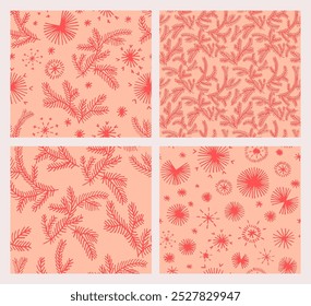 Set of New Year, Christmas patterns with fir trees. Scandinavian Norwegian simple winter print. Minimalistic graphic illustration. Striped herringbone pattern with snowflakes, snowballs.