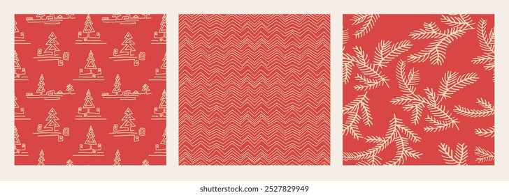 Conjunto de Año Nuevo, patrones de Navidades con abetos. Estampado de invierno noruego escandinavo simple. Ilustración gráfica minimalista. Patrón de espiga rayada con copos de nieve, bolas de nieve.