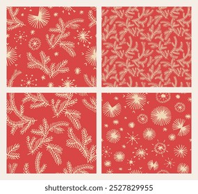 Neujahrssatz, Weihnachtsmuster mit Tannenbäumen. Skandinavisch Norwegisch einfacher Winterdruck. Minimalistische grafische Darstellung. Gestreiftes Fischgrätenmuster mit Schneeflocken, Schneebällen.