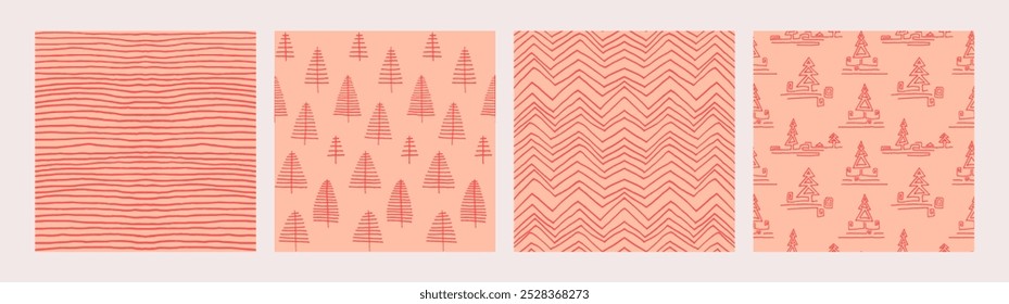 Set of New Year, Christmas patterns with fir trees. Scandinavian Norwegian simple winter print. Minimalistic graphic illustration. Striped herringbone pattern with snowflakes, snowballs.