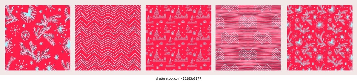 Set of New Year, Christmas patterns with fir trees. Scandinavian Norwegian simple winter print. Minimalistic graphic illustration. Striped herringbone pattern with snowflakes, snowballs.