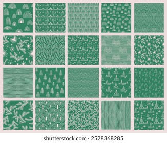 Set of New Year, Christmas patterns with fir trees. Scandinavian Norwegian simple winter print. Minimalistic graphic illustration. Striped herringbone pattern with snowflakes, snowballs.